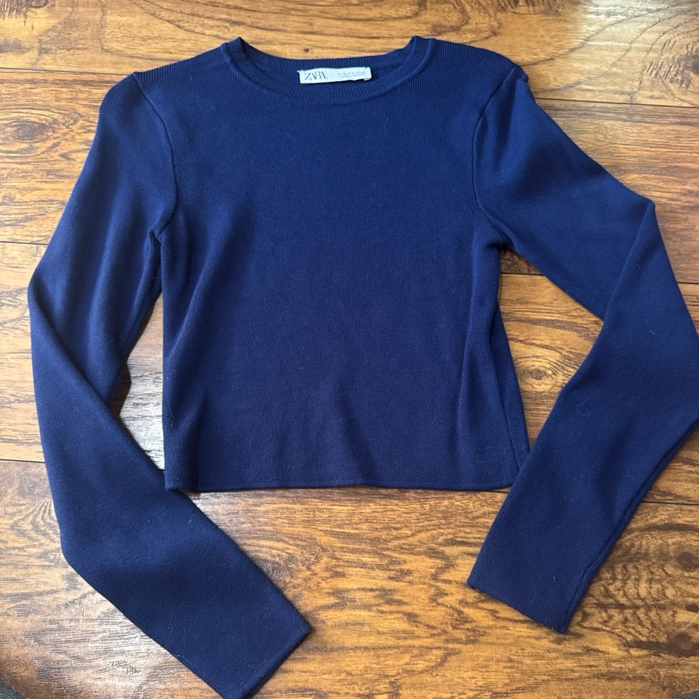 Zara Blue Long Sleeve Fitted Crop Tee